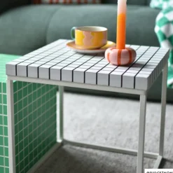 Xenos Bijzettafel checks met metalen frame - wit - 36x36x36 cm- Bijzettafels