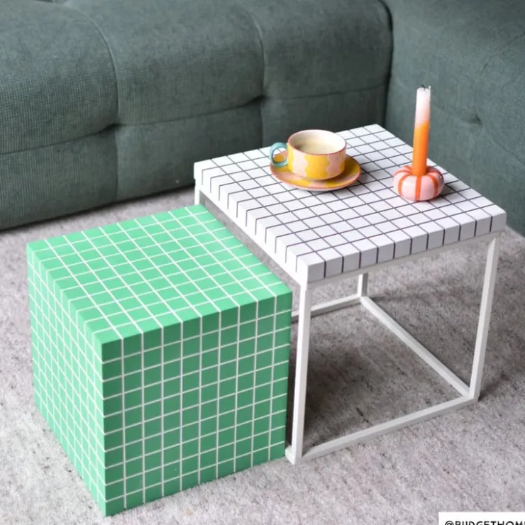 Xenos Bijzettafel kubus checks - groen - 30x30x30 cm- Bijzettafels