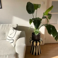Xenos Bijzettafel stripes - beige/zwart - ø40x45 cm- Bijzettafels