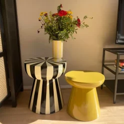 Xenos Bijzettafel stripes - beige/zwart - ø40x45 cm- Bijzettafels