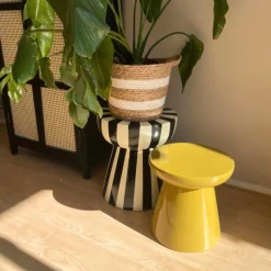 Xenos Bijzettafel stripes - beige/zwart - ø40x45 cm- Bijzettafels