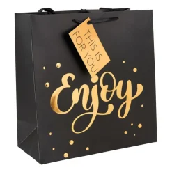 Xenos Cadeautasje enjoy - zwart en goud - 26x27 cm- Cadeautasjes|Kerst Inpakken