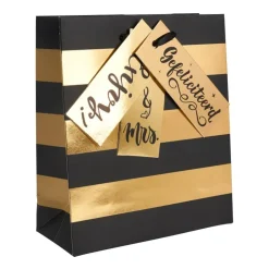 Xenos Cadeautasje zwart met goud - stripes - 18x21 cm- Cadeautasjes