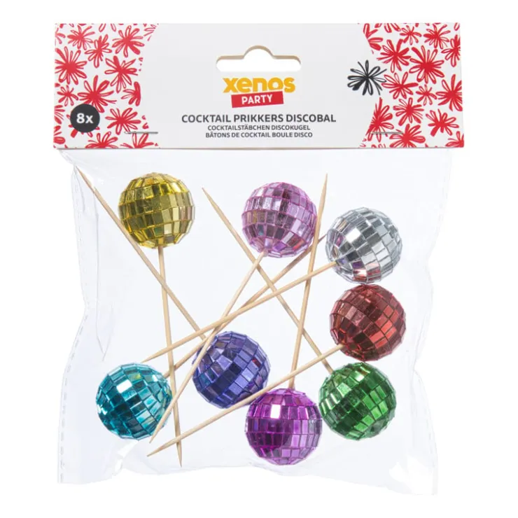 Xenos Cocktailprikkers met discobal - multikleur - set van 8- Wegwerpservies|Prikkers