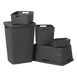 Curver jute wasmand met deksel - 58 liter - grijs- Wasmanden