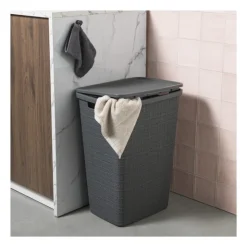 Curver jute wasmand met deksel - 58 liter - grijs- Wasmanden
