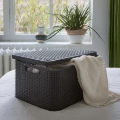 Curver opbergmand met deksel groot - grijs - 23x44x33 cm- Opbergbakken|Opbergboxen