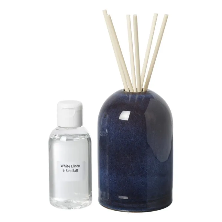 Xenos Diffuser white linen & sea salt - blauw - ø7.7x11.8 cm- Kerstcadeaus|Geurstokjes