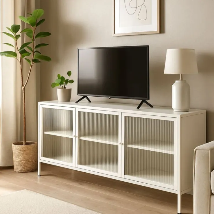 Xenos Dressoir Luca met geribbeld glazen deurtjes - offwhite - 50x120x42 cm- Tv Meubels|Kast Met Deuren