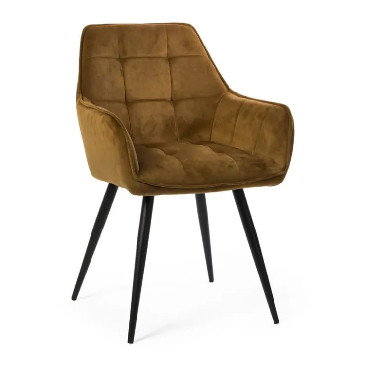 Xenos Eetkamerstoel velvet met armleuning - oker - 87x56.5x43 cm- Eetkamerstoelen