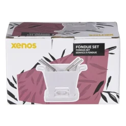 Xenos Fondue set met 4 vorken - wit - 20x12x10.5 cm- Fondue
