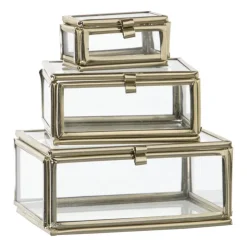 Xenos Glazen doosjes - goudkleurig/transparant - set van 3- Sieraden Opbergen