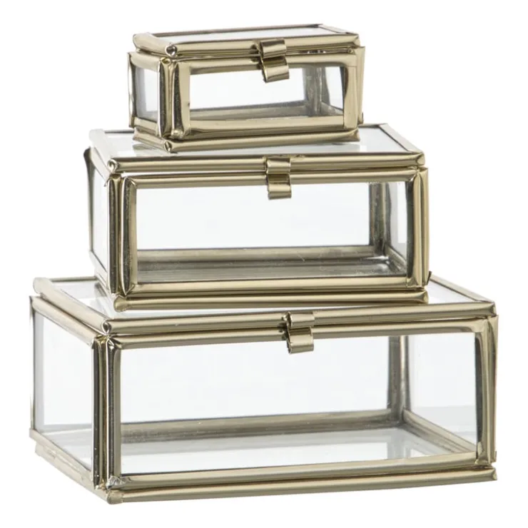 Xenos Glazen doosjes - goudkleurig/transparant - set van 3- Sieraden Opbergen