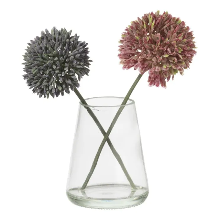 Xenos Glazen vaasje met allium bloem - roze/paars - 18x14x8 cm- Kunstbloemen