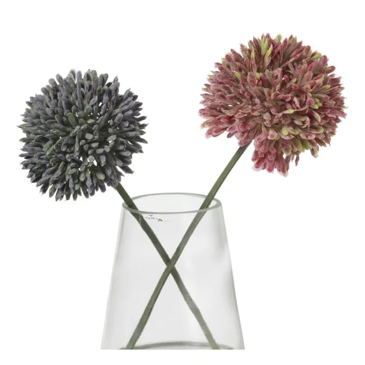 Xenos Glazen vaasje met allium bloem - roze/paars - 18x14x8 cm- Kunstbloemen