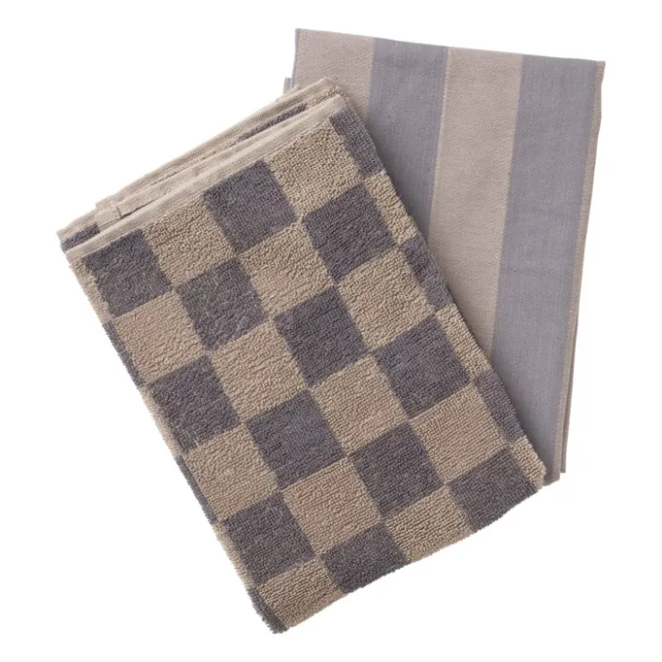Xenos Handdoek blokjes - antraciet/taupe - 50x50 cm- Thee- En Keukendoeken