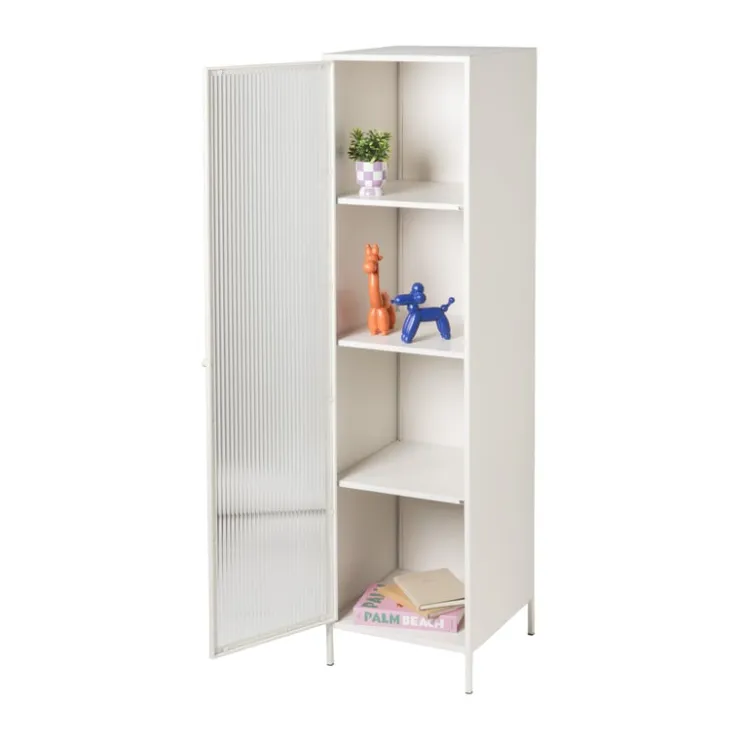 Xenos Hoge kast Luca met geribbeld glazen deurtje - offwhite - 160x42x40 cm- Kast Met Deuren