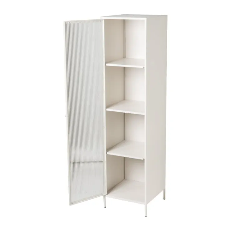 Xenos Hoge kast Luca met geribbeld glazen deurtje - offwhite - 160x42x40 cm- Kast Met Deuren