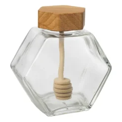 Xenos Honingpot met honinglepel - glas/bamboe - 9.6x9.9x5 cm- Voorraadpotten
