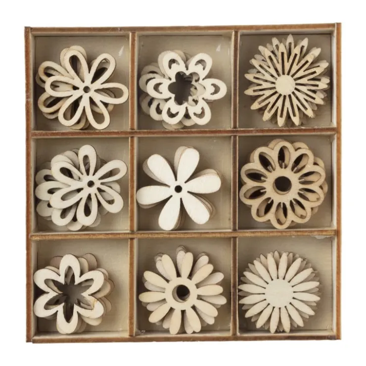 Xenos Houten bloemen in kistje - 10.5x10.5x2 cm- Knutselspullen