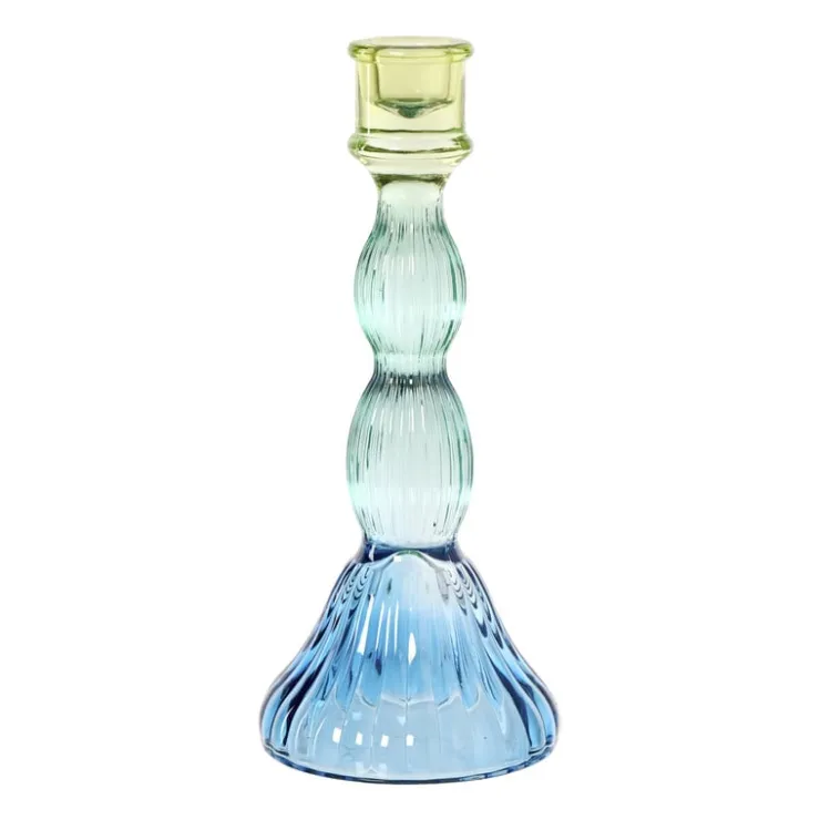 Xenos Kandelaar groot - blauw/groen - ø9.5x23 cm- Kandelaars