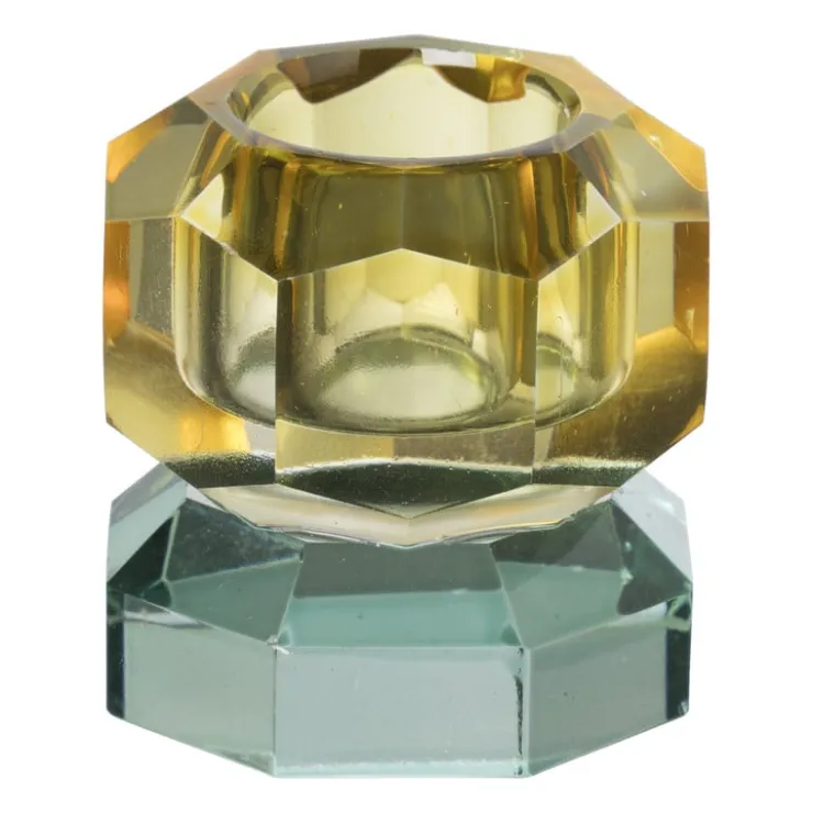 Xenos Kandelaar kristal 2-laags - oker/groen - 4x4x4 cm- Kandelaars