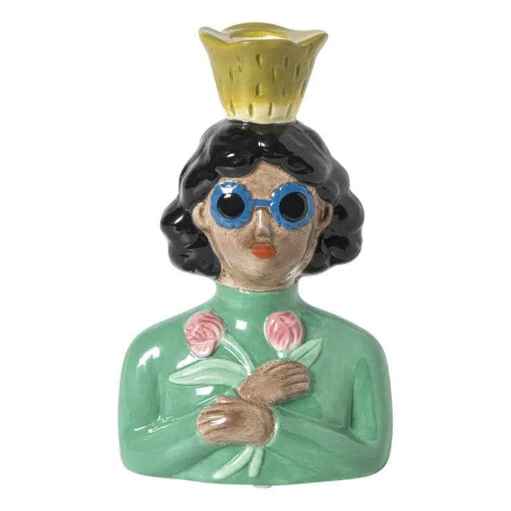 Xenos Kandelaar vrouw met bloemen - groen - 19.5x13x9 cm- Kandelaars
