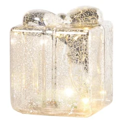 Xenos Kerst glas cadeau met LED lampjes - 10.2x8.8x8.8 cm- Kerstverlichting