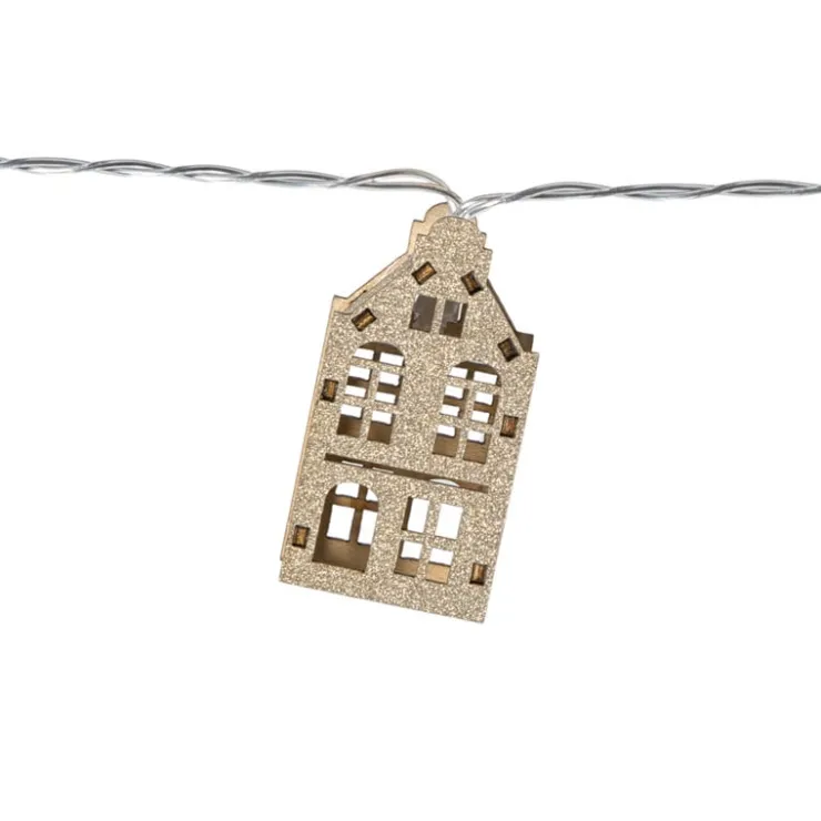 Xenos Kerst lichtslinger met huisjes - goudkleurig - 135 cm- Kerstverlichting|Kerstboom Verlichting