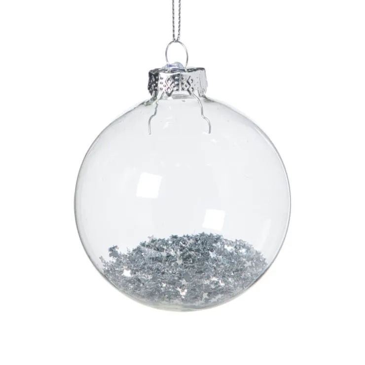 Xenos Kerstbal glas met zilveren glitters - transparant/zilverkleurig- Kerstballen