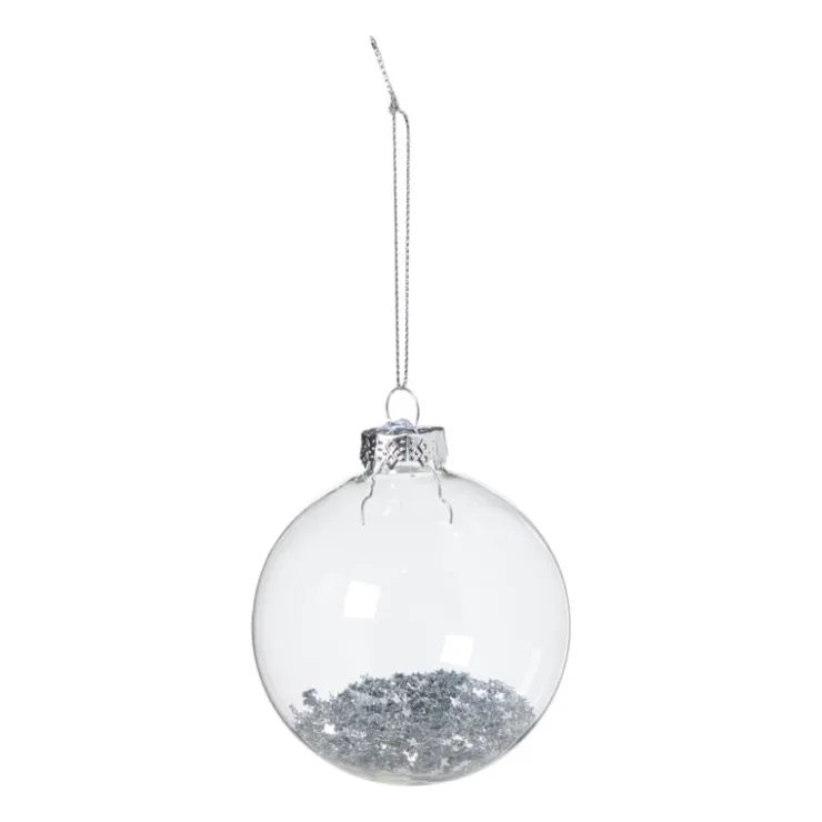 Xenos Kerstbal glas met zilveren glitters - transparant/zilverkleurig- Kerstballen