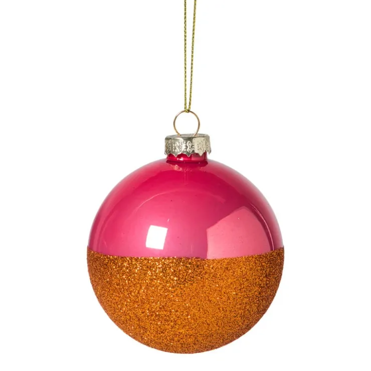 Xenos Kerstbal glitter en glans - roze/oranje- Kerstballen