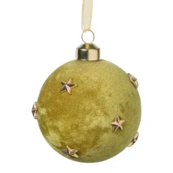 Xenos Kerstbal velvet met sterren - groen/goudkleurig- Kerstballen