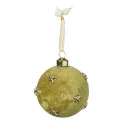 Xenos Kerstbal velvet met sterren - groen/goudkleurig- Kerstballen