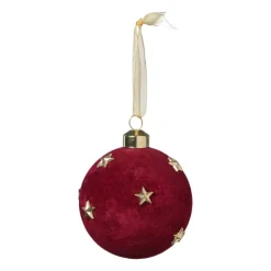 Xenos Kerstbal velvet met sterren - rood/goudkleurig- Kerstballen