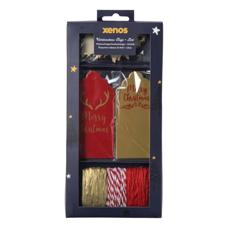 Xenos Kerstcadeau tags met lint - rood/goud - set van 18- Kerst Inpakken