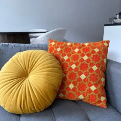 Xenos Kussen jacquard bloemen - oranje - 45x45 cm- Kussens