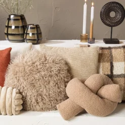Xenos Kussen rond bontlook - beige - ø40 cm- Kussens