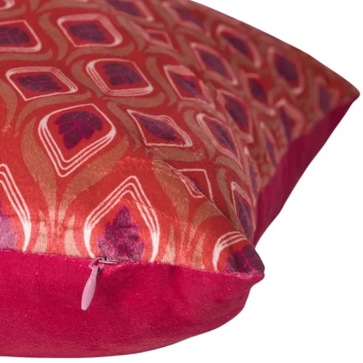 Xenos Kussen velvet blad - rood/roze - 45x45 cm- Kussens
