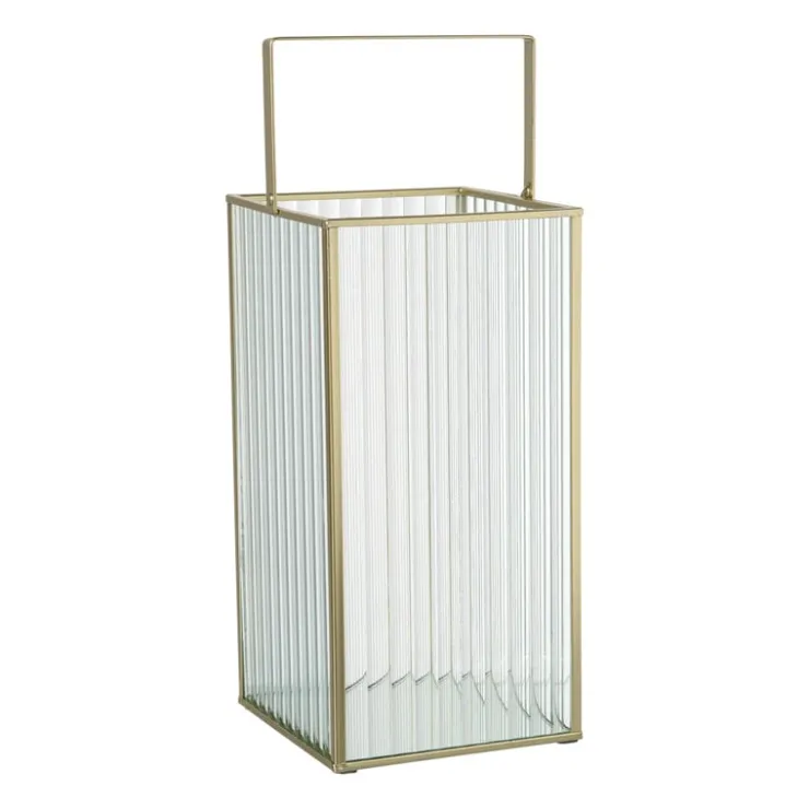 Xenos Lantaarn rib vierkant - goud/transparant - 25.5x13x13 cm- Lantaarns