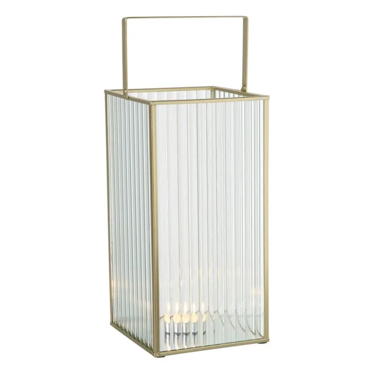 Xenos Lantaarn rib vierkant - goud/transparant - 25.5x13x13 cm- Lantaarns