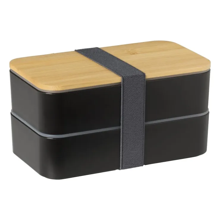 Xenos Lunchbox dubbel - zwart - 9.5x18.5x10.5 cm- Broodtrommels