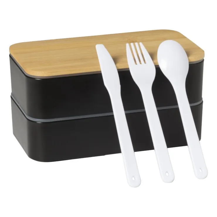 Xenos Lunchbox dubbel - zwart - 9.5x18.5x10.5 cm- Broodtrommels