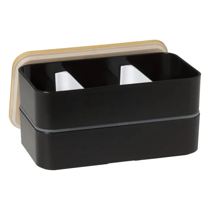 Xenos Lunchbox dubbel - zwart - 9.5x18.5x10.5 cm- Broodtrommels