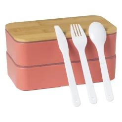 Xenos Lunchbox dubbel met bestek - oranje - 700 ml- Broodtrommels