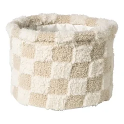 Xenos Mand geruit rond maat L - beige - ø22x16 cm- Manden|Manden
