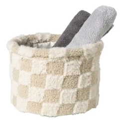 Xenos Mand geruit rond maat L - beige - ø22x16 cm- Manden|Manden