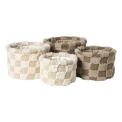Xenos Mand geruit rond maat L - beige - ø22x16 cm- Manden|Manden