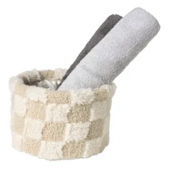 Xenos Mand geruit rond maat S - beige - ø18x12 cm- Manden|Manden