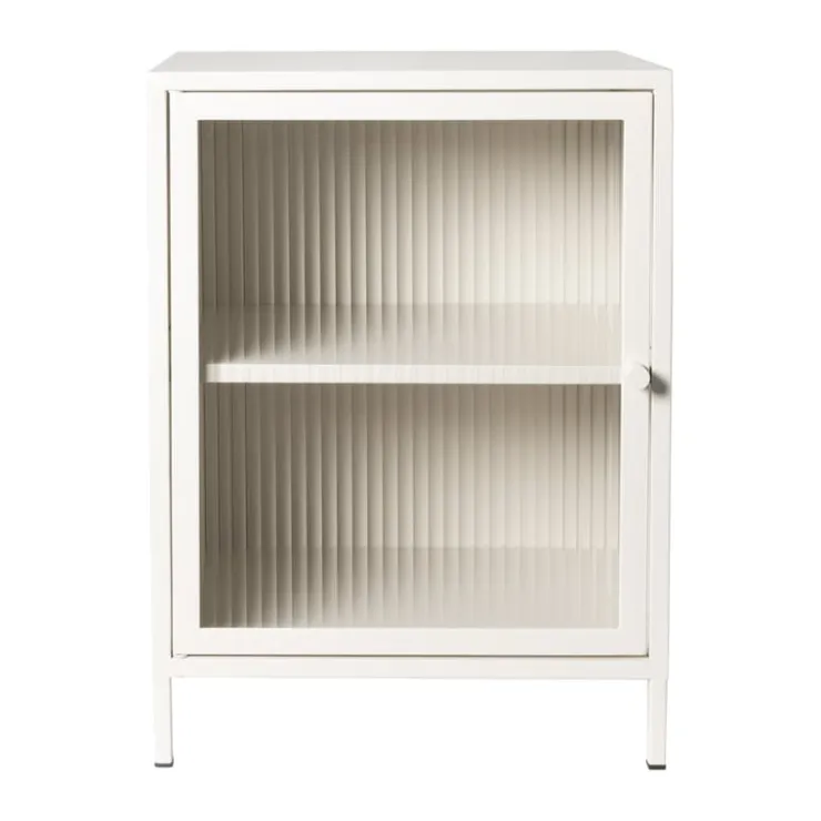 Xenos Nachtkastje Luca met geribbeld glazen deurtje - offwhite - 55.5x40x32 cm- Nachtkastjes